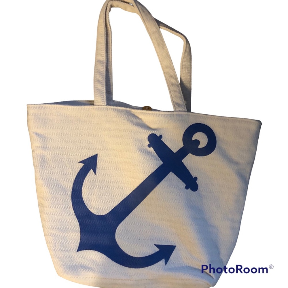 NWOT Cream Herringbone Cotton Blue Anchor Snap Navy 10” Handle Drop Beach Bag